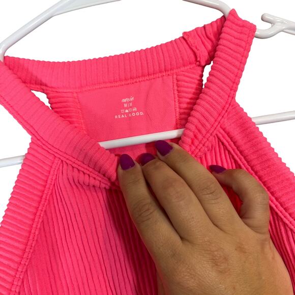 Aerie Hot Pink Ribbed High Neck Crop size M - Picture 2 of 4